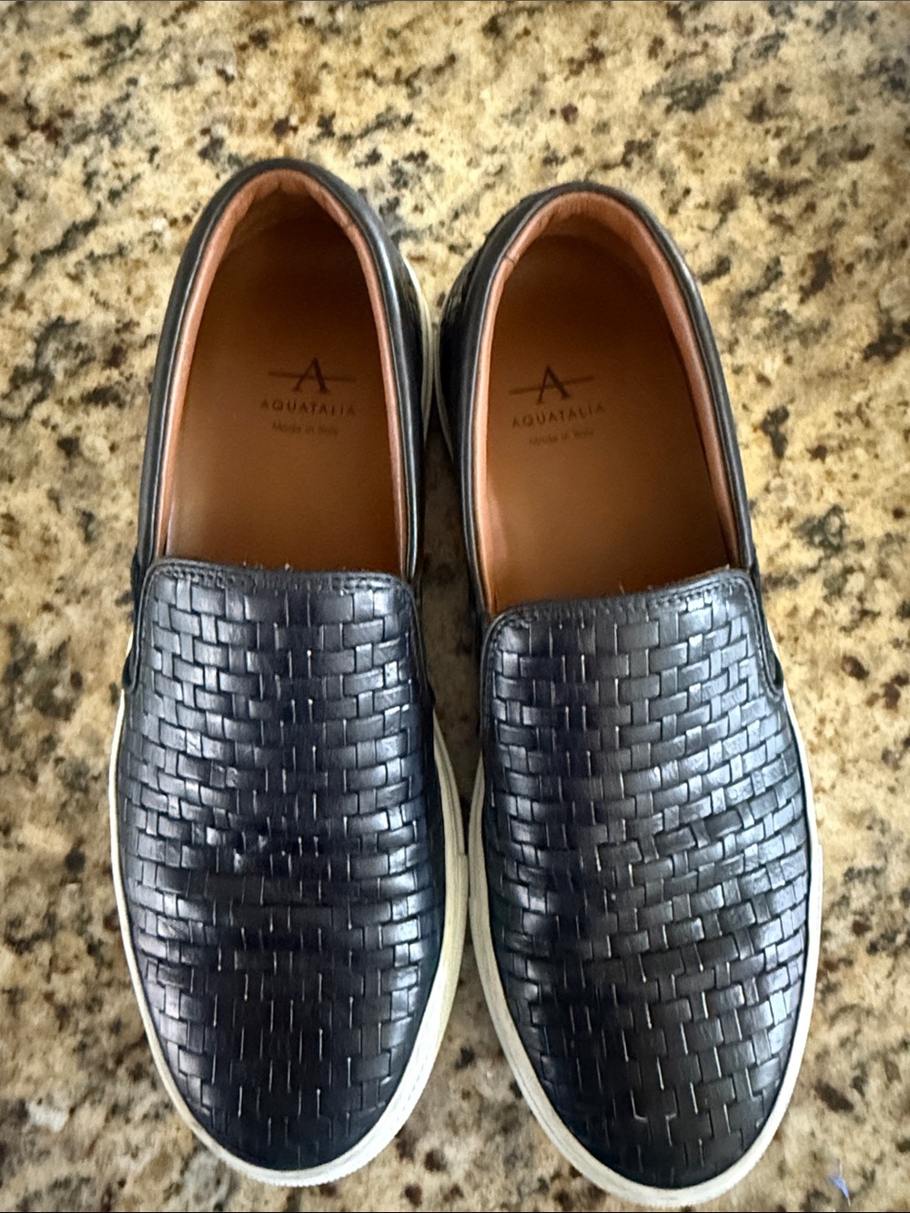 Aquatalia Navy Woven Leather Slip-On Flats